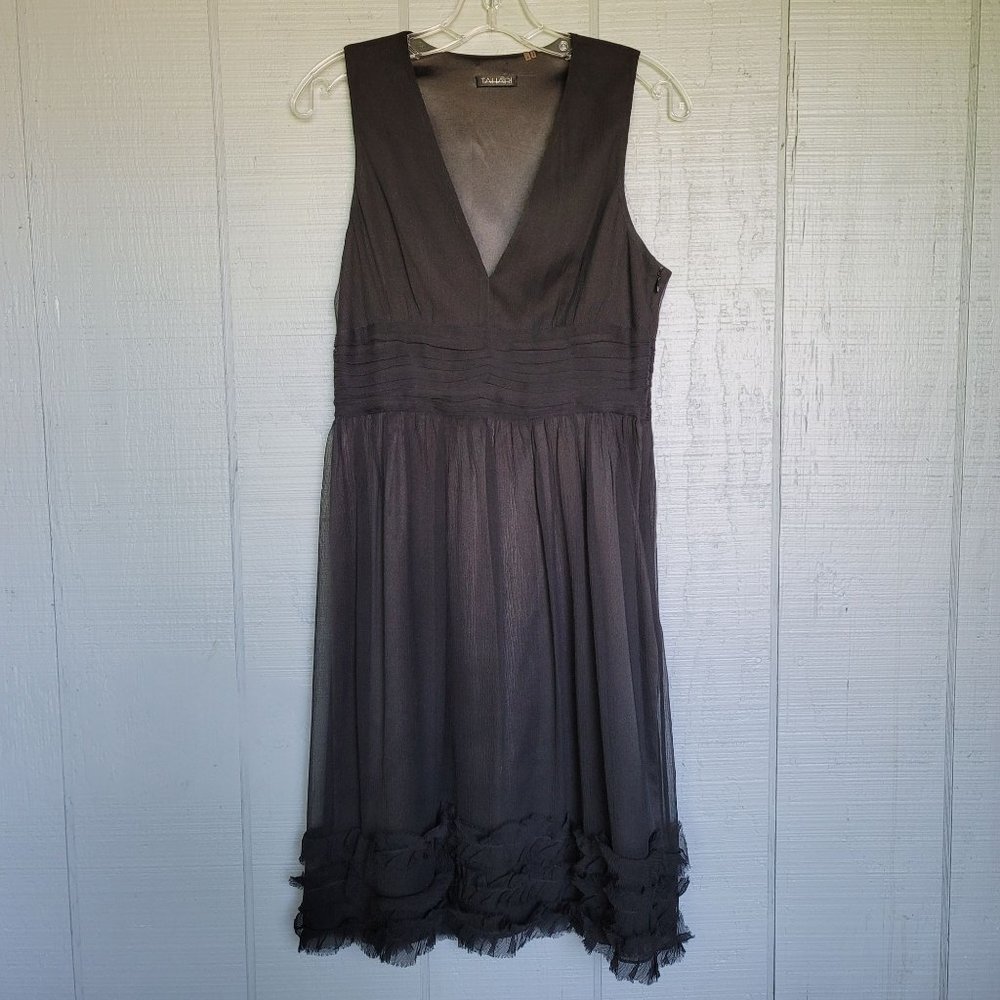 Tahari 100% Silk Sleeveless V-Neck Black Dress With Ruffles at Hem. Size 6